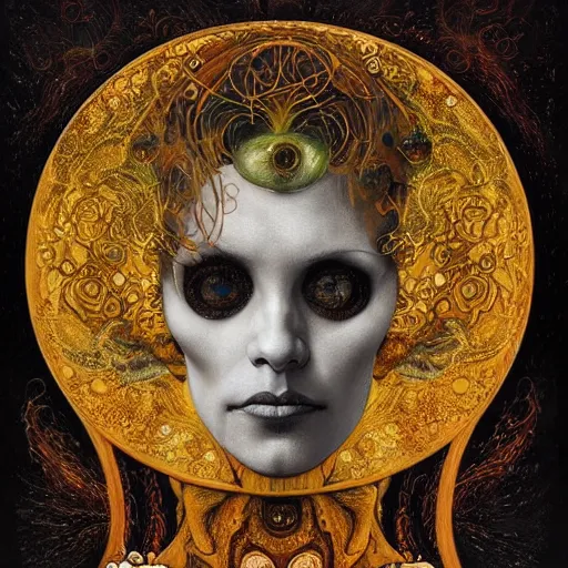 Image similar to Memento Mori by Karol Bak, Jean Deville, Gustav Klimt, and Vincent Van Gogh, beautiful visionary mystical portrait, calavera, otherworldly, fractal structures, ornate gilded medieval icon, third eye, spirals, beautiful botanical calavera