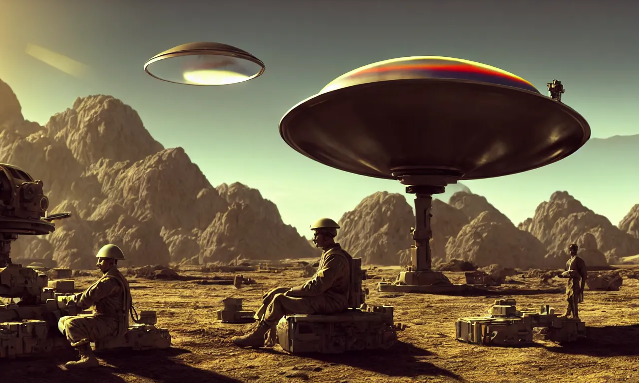 Prompt: sitting dog watching tired soldier repairing complicated secret flying saucer in colorful futuristic laboratory, dramatic shadows cast on reflective dirty ground, with mountains in background, volumetric lighting, subsurface scattering, dramatic lighting, high detail, from new scifi by digital domain and weta digital, strong ambient occlusion