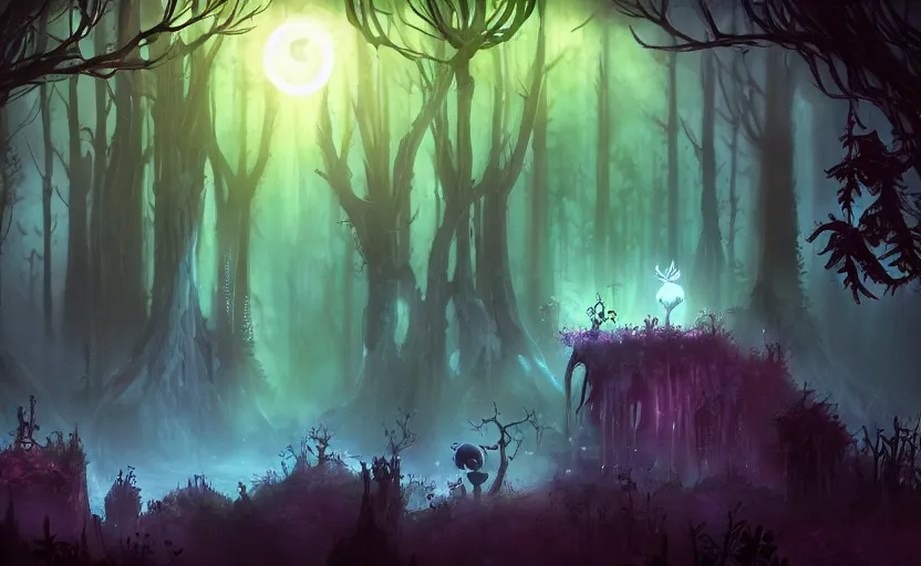 Prompt: dark ominous mysterious ambient magical forest landscape painting, fantasy, dreamlike, foggy, romantic, in the style of Ori and the Blind Forest