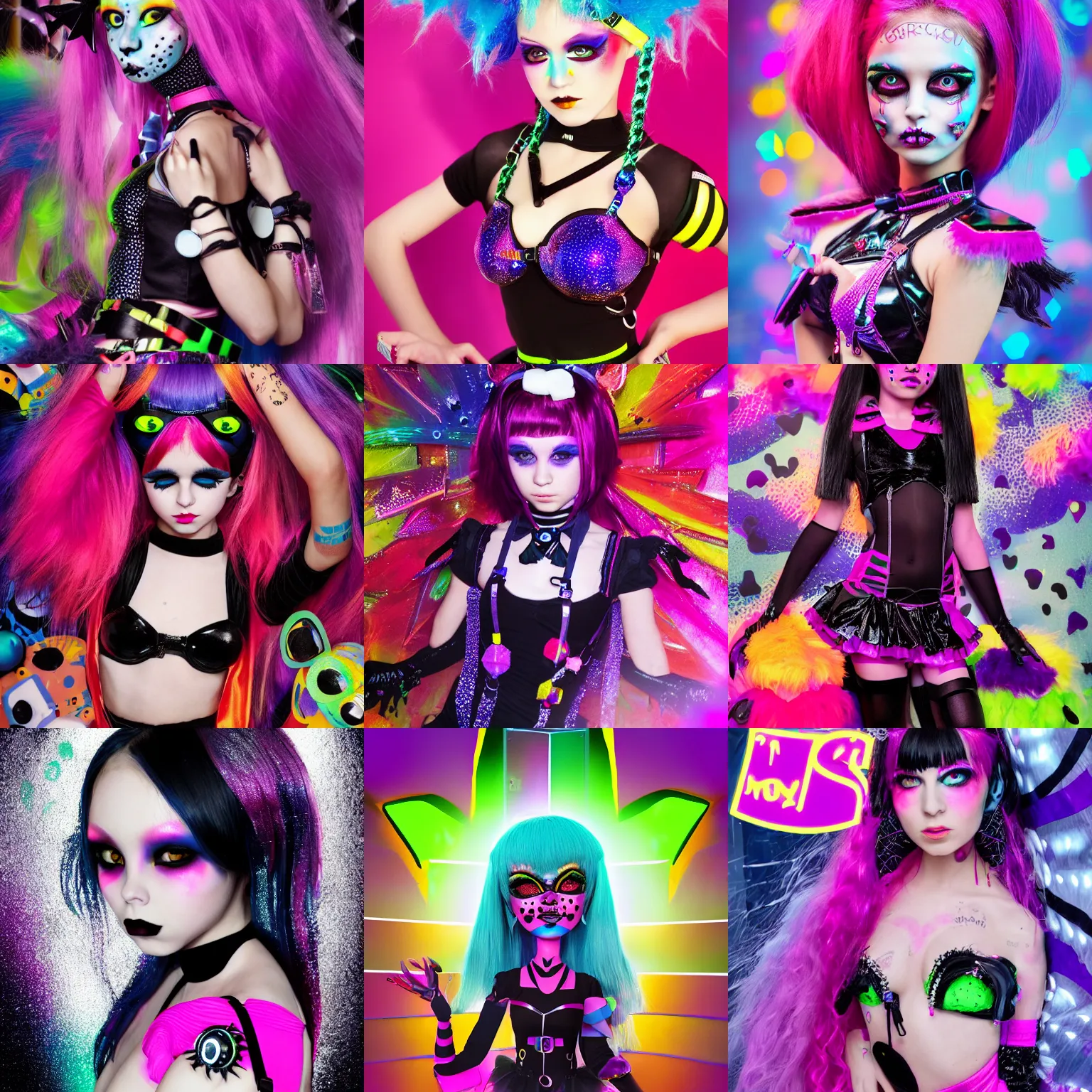 Prompt: SCHOOL magazine cover ::3999 of a cute small slim Ukrainian goth teen scene raver gogo dancer cyborg girl wearing shiny straps in a crowded packed store, colorful monster high makeup, pouting, pouty look ::3996 octane render, volumetric lighting, trending on artstation, anime, ue5, photoreal, ::5000