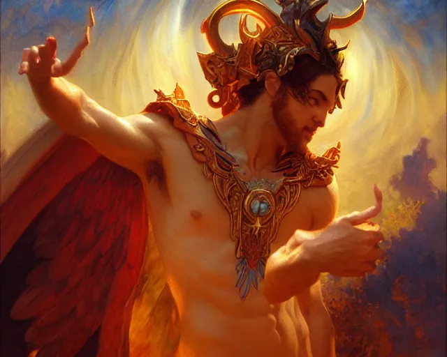 Image similar to attractive male deity, casting demonic magic, summoning handsome lucifer morning star. highly detailed painting by gaston bussiere, craig mullins, j. c. leyendecker 8 k