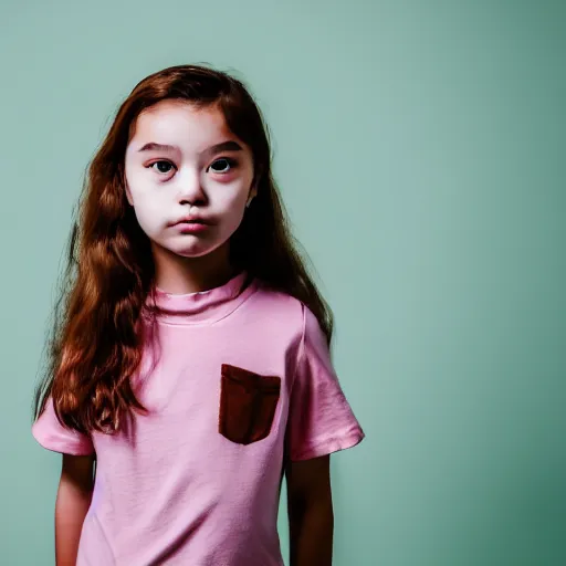 Prompt: portrait of a young girl wearing a shirt by mr doodle, beautiful composition, modern color palette, 50mm f1.8, ambient light,