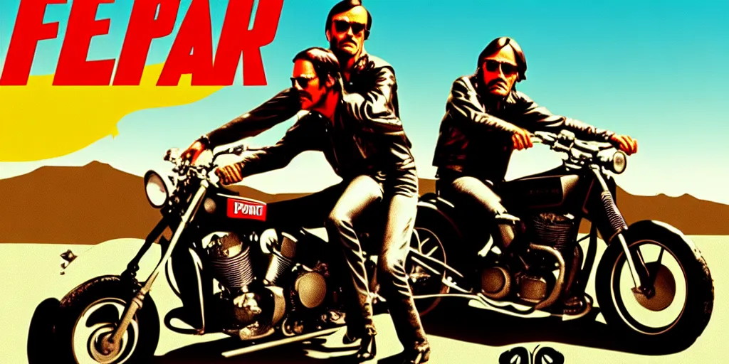 Image similar to easy rider motorcycle movie poster with henry fonda and dennis hopper : : on the road : : unreal engine, detailed