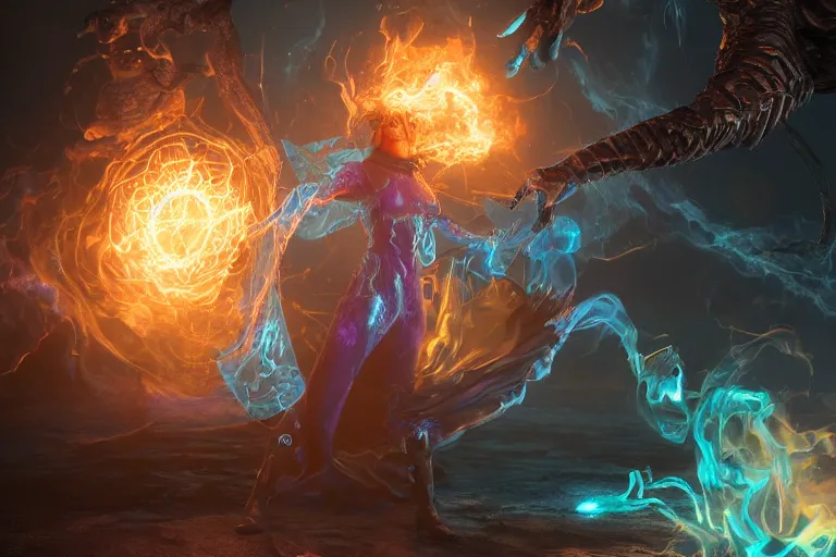 Prompt: a mage channeling arcane magic, swirling magical energy, hyperrealistic detailed fantasy art, hd octane render, 4 k, 8 k