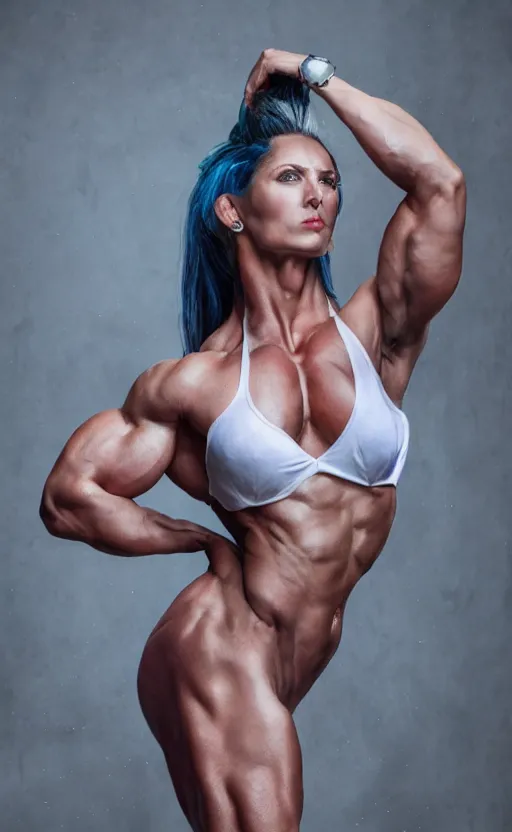 Image similar to realistic colorful photo portreit of beautiful bodybuilder woman posing in white peignoir, full leight, ultra rendered extreme realism and detail, 8 k, highly detailed, realistic, photorealistic,