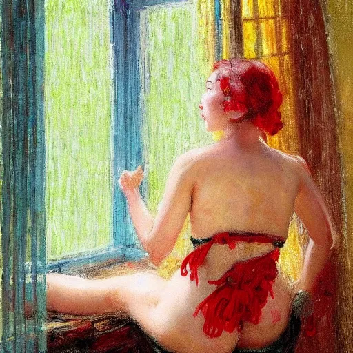 Image similar to A woman looking through a rainy window, raining outside, back view, wide shot, colorful string bikini, modest, 1950s, americana, award-winning, warm colors, by Ilya Repin, deviantart