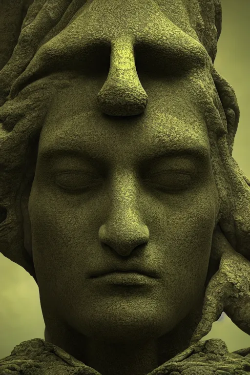 Image similar to giant stone statue of a goddess head, mossy stone, deep jungle, octane render, unreal engine, trending on artstation, ultra detailed, realistic, cinematic lighting, astmopheric, 8 k