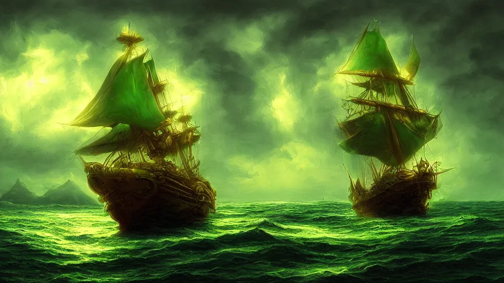 Prompt: fantasy, digital painting, hd, ultra - detailed. bloom, lighting. gold galleon ship, green sea, storm.