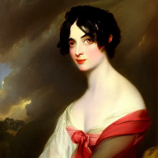 Image similar to Romanticism painting of a young woman with short dark hair painted in 1798 by Sir Thomas Lawrence