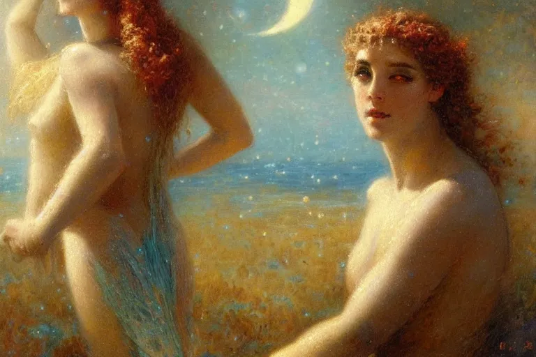 Image similar to portrait of a humanoid personification of the moon, god of the tides. art by gaston bussiere.