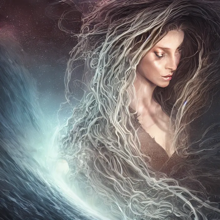 Image similar to beautiful celestial woman with long hair wrapping downward around earth seen for space, hyper-detailed, smooth, sharp focus, depth map, digital painting, apocalyptic art, fantasy dark art, 4k ultra hd, cinematic