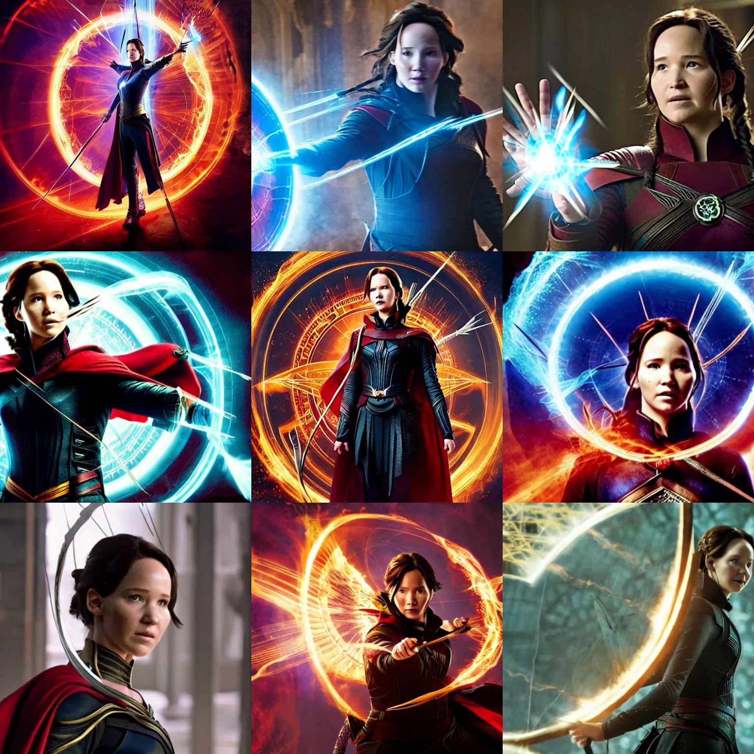 Prompt: ( katniss everdeen ) as the ancient one, creating a magical energy shield dome, film still from'doctor strange'