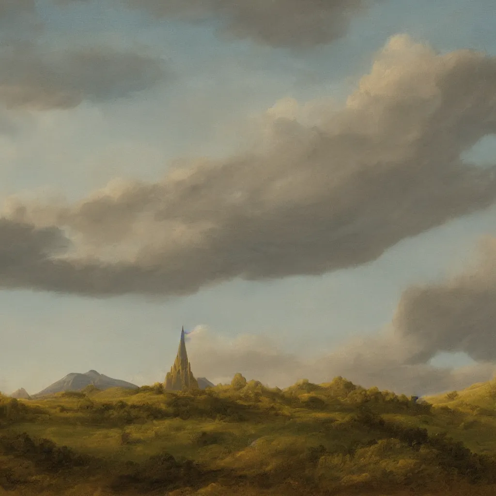 Image similar to a wide angle landscape of a praire with a very large thin spire mountain in the distance in the style of rococo digital painting