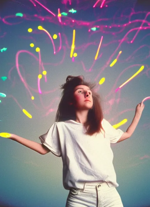 Prompt: realistic photo portrait of a a girl dressed in white shorts, watching at glowing disks flying in a grey sky, covered with tesla electricity, 1 9 9 0, life magazine photo, natural colors, museum collection, kodak