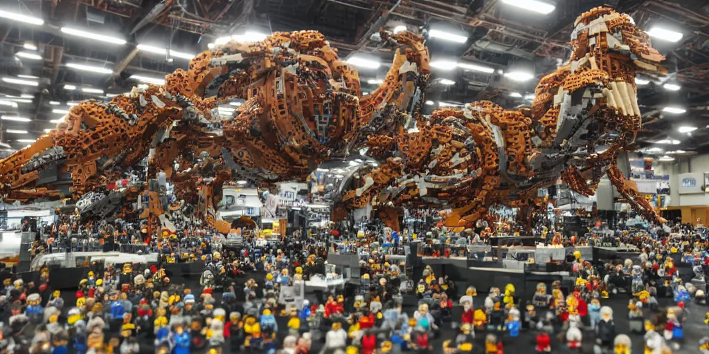 Image similar to wide shot lens photo of a very intricately detailed and epically shaped 3. 5 meter long tifa lockhart lego sculpture designed by a master builder as displayed at a lego convention, low angle shot.