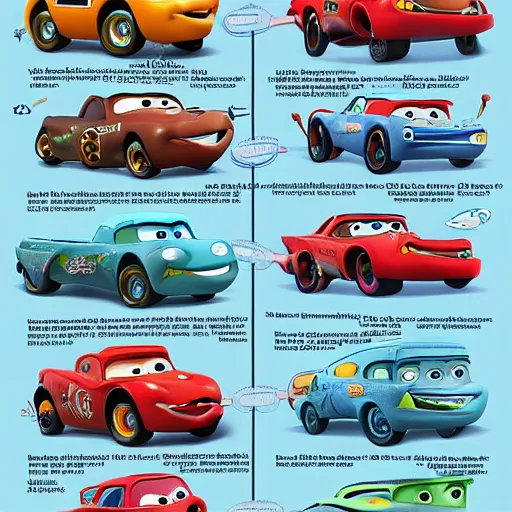 Prompt: Disney Pixar's Cars biology anatomy chart study