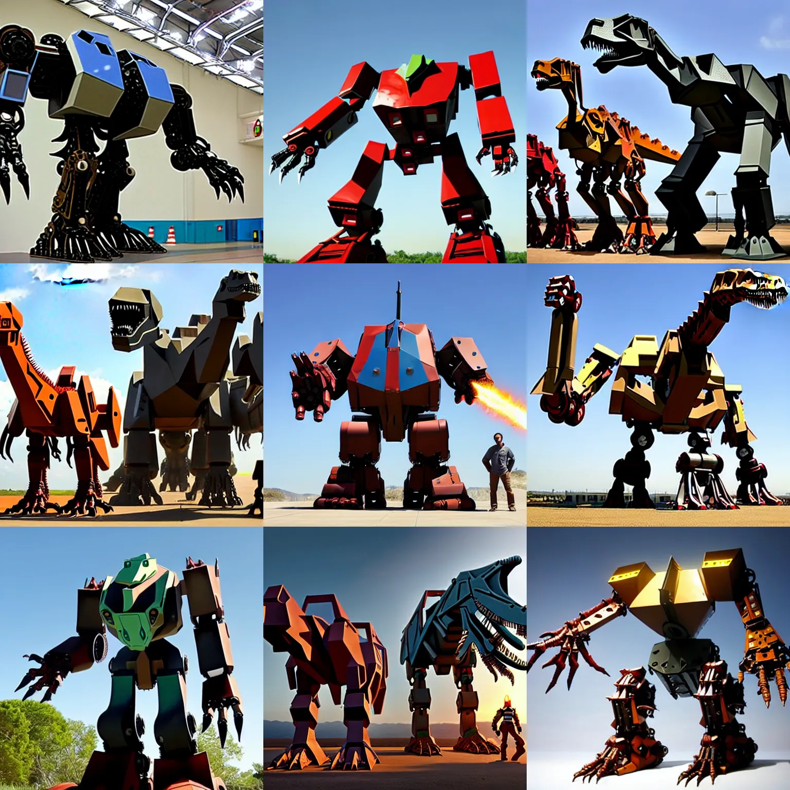 Prompt: giant mech robot is real leather dinosaurs, robot legs and arms and heat are dinosaurs, voltron made from dinosaurs