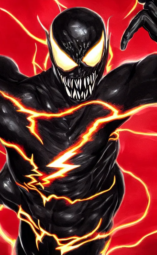 Image similar to full body portrait of venom as the flash, black and red, dynamic lighting, cinematic, ultra detailed, trending on art station, stunning visuals, creative, fantasy concept art