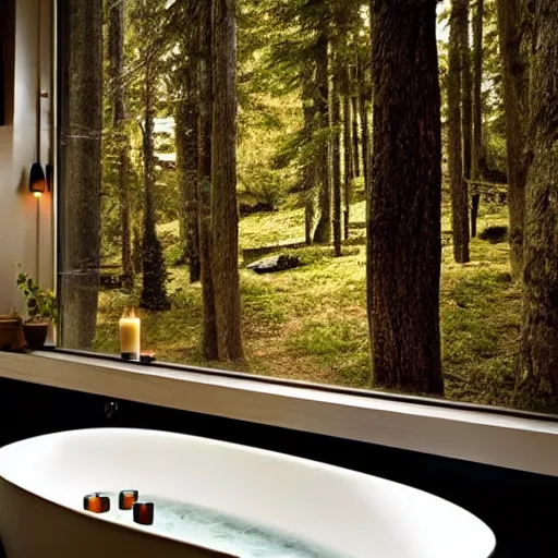 Image similar to close up shot of a bathtub in a small bathroom, bath with candles, large windows outside to a forest at night, interior design