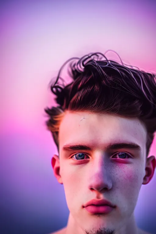 Image similar to high quality pastel coloured film mid angle selfie photograph of a beautiful young 2 0 year old male, soft features, short black hair, standing in an icelandic black rock environment. atmospheric. subsurface scattering. three point light. photographic. art directed. ( pastel colours ). volumetric light. clearcoat. waves glitch. 8 k. filmic.