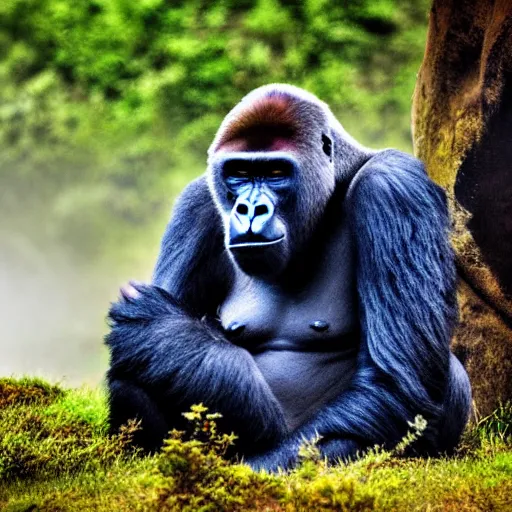 Prompt: a gorilla doing meditation in a mystical landscape, beautiful, misty