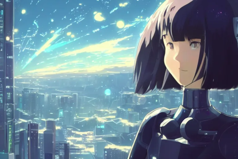 Prompt: makoto shinkai. robotic android girl. futuristic cyberpunk. dystopia. vibrant nebula sky. android.