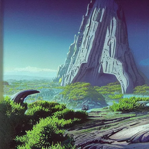 Image similar to beautiful illustration of a lush natural scene on an alien planet by vincent di fate. science fiction. extremely detailed. beautiful landscape. weird vegetation. cliffs and water.