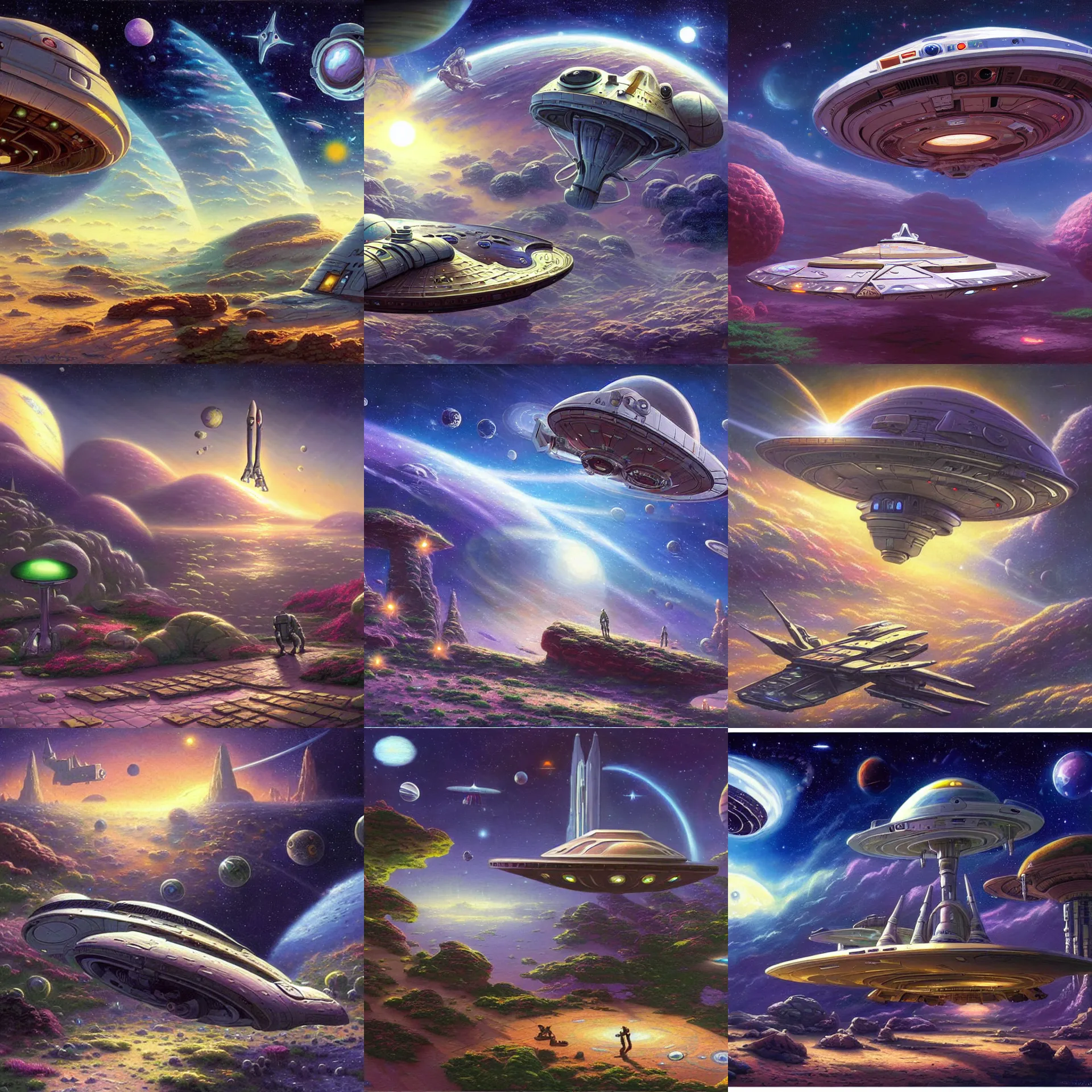 Prompt: an spaceship landing on an alien planet, art by thomas kinkade, from a space themed serria point and click 2 d graphic adventure game, made in 2 0 1 8