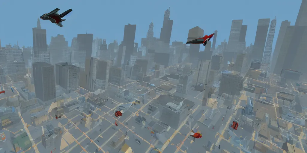 Image similar to PS1 game, plane flying over city