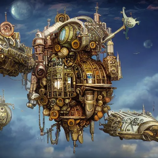 Image similar to flying city in a mechanical flower, sky, fantasy art, steampunk, masterpiece