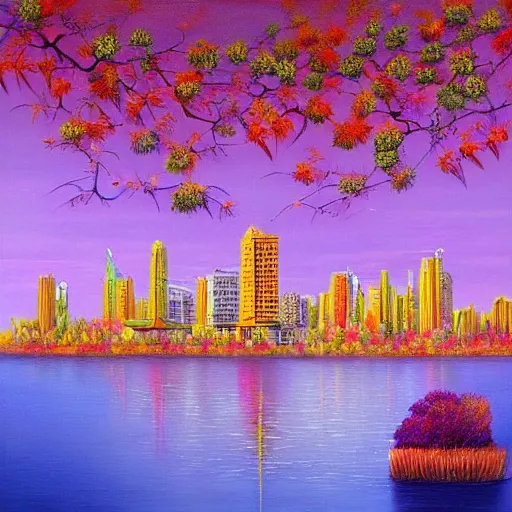 Image similar to Beautiful city of the future in harmony with nature. Nice colour scheme, soft warm colour. Beautiful painting by Lurid. (2022)