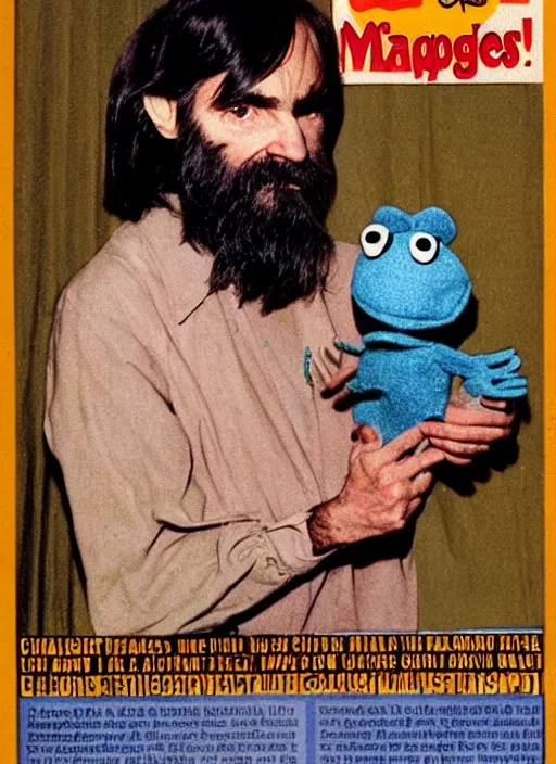 Prompt: vintage magazine advertisement depicting charles manson as a muppet