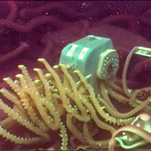 Image similar to 1 9 7 0 s vrc tape underwater rov footage, long tentacle octopus squid tentacles