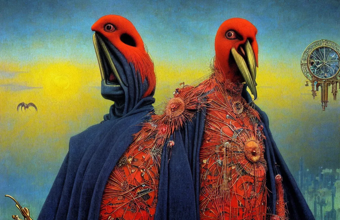 Image similar to realistic detailed portrait movie shot of a birdman wearing a dark robes, sci fi city landscape background by denis villeneuve, amano, yves tanguy, alphonse mucha, ernst haeckel, max ernst, roger dean, masterpiece, rich moody colours, dog teeth, blue eyes, sunset