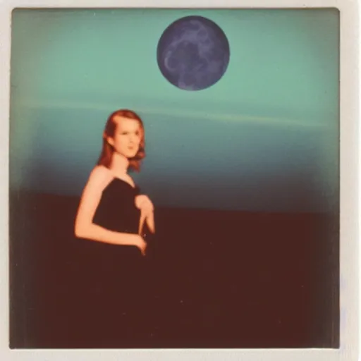 Prompt: vintage polaroid photo of a beautifuk young woman on the moon, the earth visible in de background, warm azure tones, red color bleed, film grain