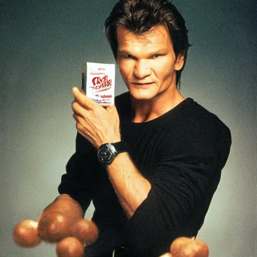 Image similar to patrick swayze eating! a cola cube, high quality photograph,