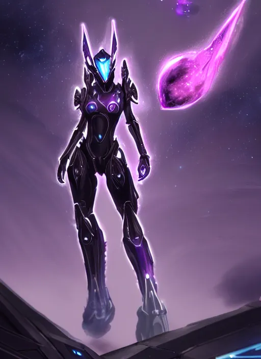 Image similar to detailed cinematic shot, cosmic sized perfectly proportioned stunning beautiful hot female warframe, detailed mecha female dragon head, metal ears purple eyes, sleek silver armor, fuschia leds, floating in empty space, nebula sized, holding a planet, epic proportions, epic size, epic scale, furry art, dragon art, giantess art, warframe fanart, furaffinity, deviantart