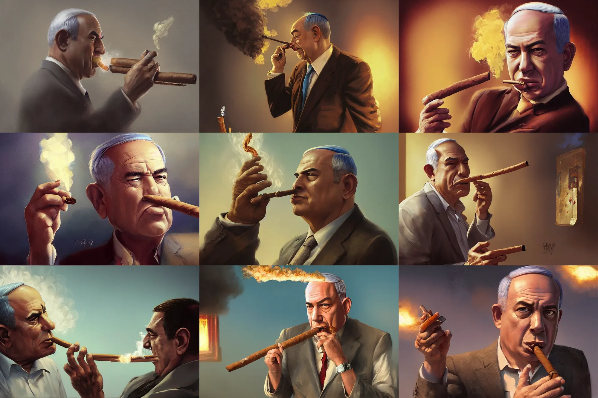 Prompt: a caricature of bibi netanyahu smoking a cuban cigar, ultra realistic, highly detailed, masterpiece, cinematic by greg rutkowski, frank frazetta, beeple, christian macnevin, beeple, wlop, krenz cushart, epic character art, volumetric lighting, cgsociety