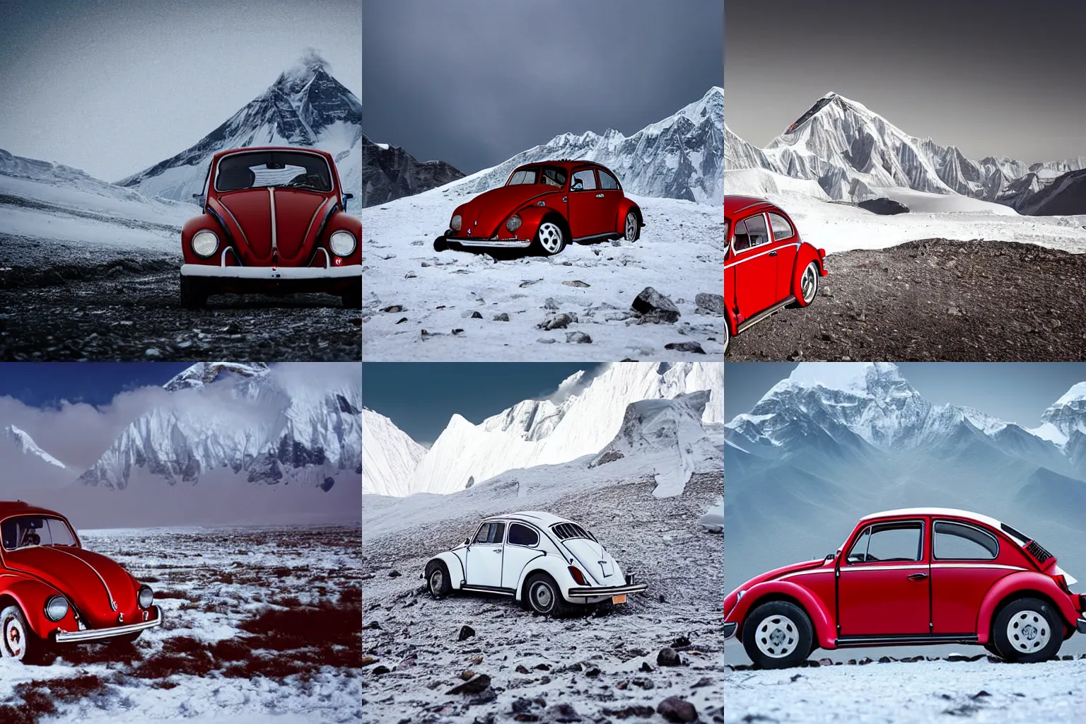 Prompt: extreme long shot of a snowbound red 1970 vw beetle standing on mount everest, award winning photo, snow, high detail, desolate, atmospheric, 8k