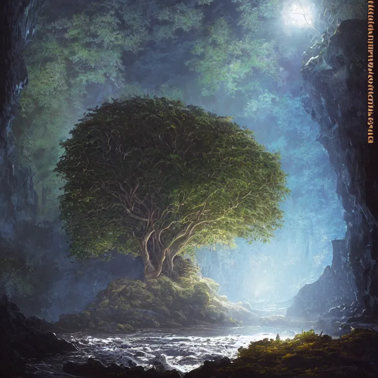 Image similar to A beautiful, highly detailed, very realistic oil painting of a single tree with rainbow leaves, next to a small river, glowing bright blue in the middle of a huge, very dark cave, with lots of dark grey rocks, oil painting by Greg Rutkowski.