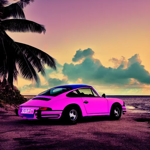 Image similar to porsche on the tropical island, professional photography, vaporwave