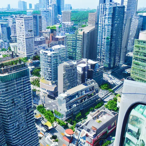 Image similar to Overlooking a modern city, summer sunny day, by Makoto Shinkai, super wide angle, high quality