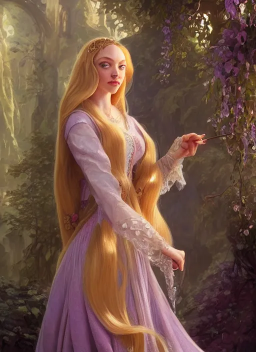 Image similar to amanda seyfried as the rapunzel princess, d & d, fantasy, intricate, elegant, highly detailed, digital painting, artstation, concept art, matte, sharp focus, illustration, art by artgerm and greg rutkowski and alphonse mucha, masterpiece, stunning, artstation