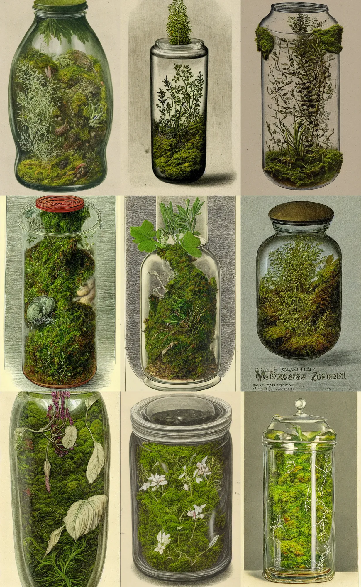 Prompt: glass jar with very rich and very beautiful moss inside botanical and zoological scientific illustration, made by Ernst Haecke