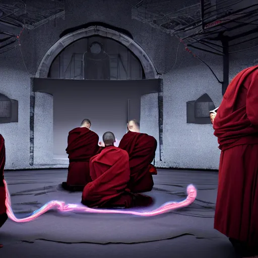 Image similar to 5 monks kneeling in a circle with wires coming out of the back of their heads connecting them to a computer in the center, dark shadowy surroundings, dystopian scifi, horror