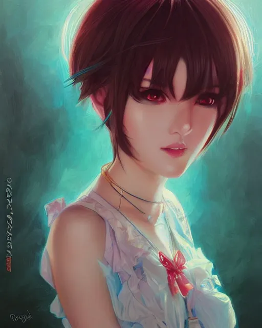 Image similar to A very beautiful painting of megpoid Gumi by rossdraws, wlop, artgerm, Gil Elvgren, Ilya kuvshinov