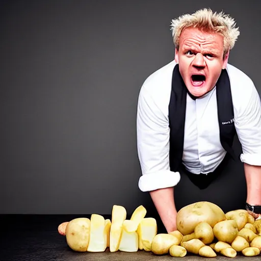 Image similar to Extremely angry Gordon Ramsey is yelling at a potato, studio photography