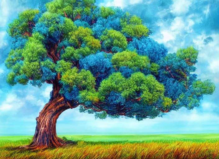 Image similar to giant tree with blue leaves in the background reaching into the clouds, fields in foreground, magical, fantasy, digital art, colorful, divine, painting