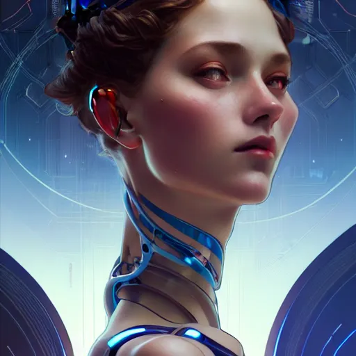 Image similar to portrait of beautiful girl with robot body by artgerm and greg rutkowski and alphonse mucha, close up, portrait, cinematic, elegant, artstation, intricate, highly detailed, digital painting, artstation, concept art, sharp focus, illustration, cyberpunk, cgsociety, 8 k