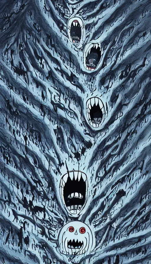 Prompt: a storm vortex made of many demonic eyes and teeth over a forest, by studio ghibli